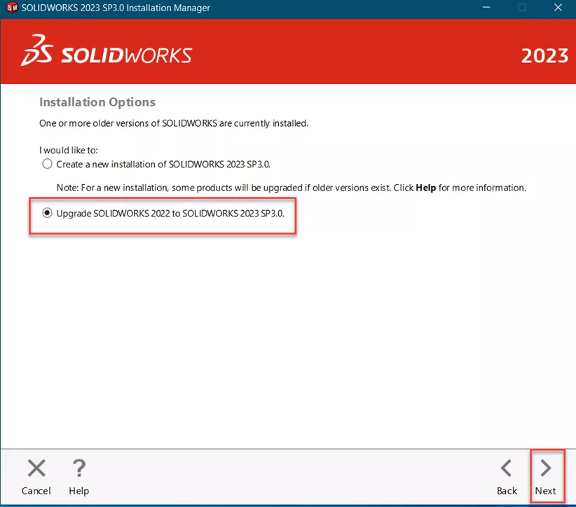 SOLIDWORKS Installation Option to Upgrade SOLIDWORKS to Different Version 