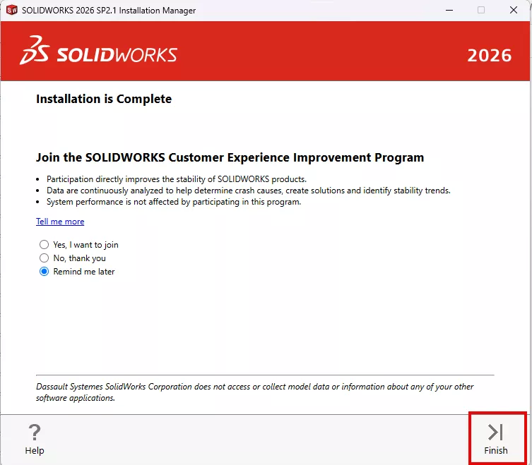 Join the SOLIDWORKS Customer Experience Improvement Program Option in the Installation Manager