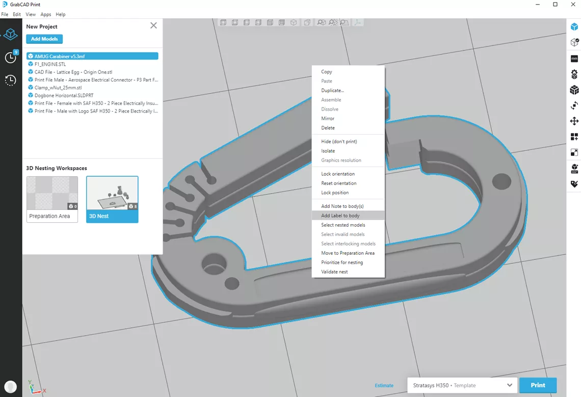 Label Stratasys H350 Parts in GrabCAD Print