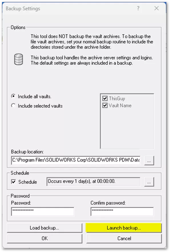 Launch Backup Button in SOLIDWORKS PDM Backup Settings