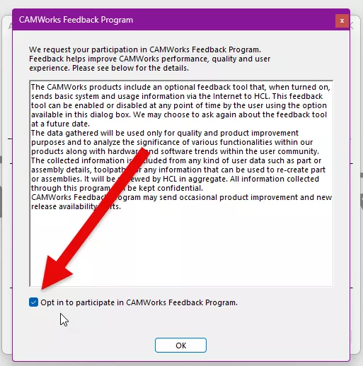 Launch CAMWorks Faster by Turning off Feedback Program