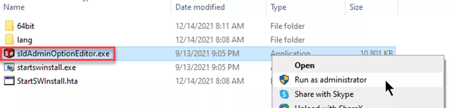 sldAdminOptionEditor.exe File to Run as Administrator