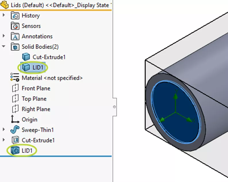 SOLIDWORKS Flow Simulation FeatureManager Design Tree with Lid Feature and Body