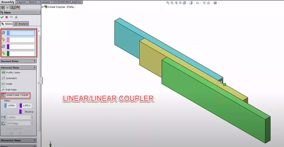 Linear/Linear Coupler Mate in SOLIDWORKS