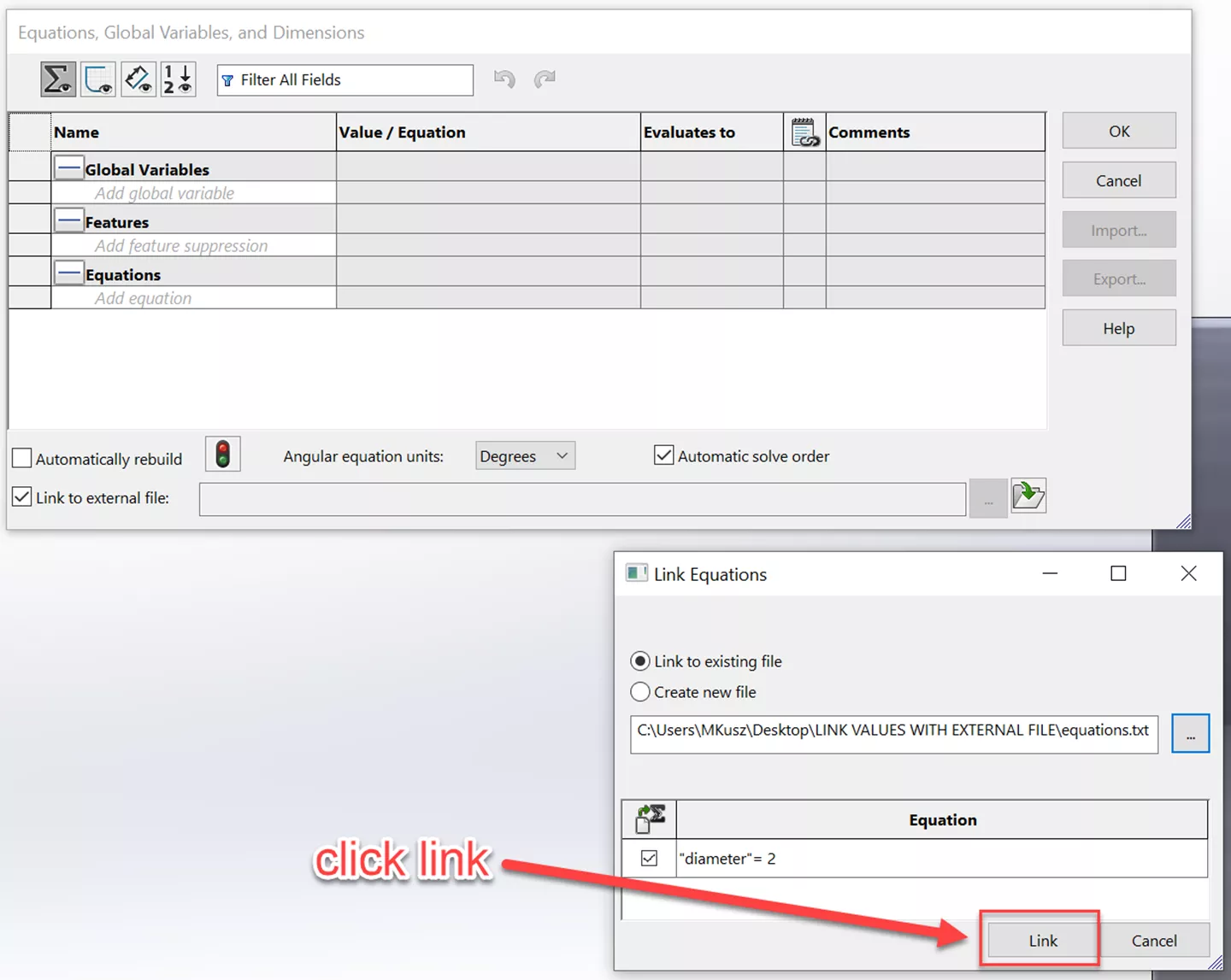 Link Equations in SOLIDWORKS 