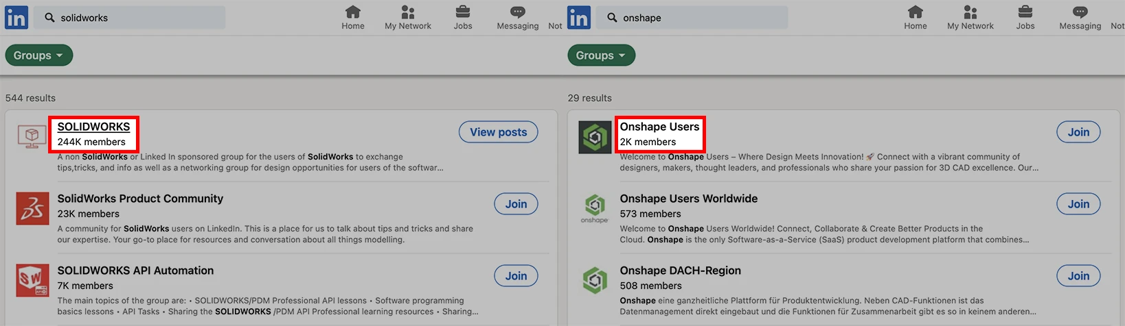 LinkedIn group search: SOLIDWORKS vs. OnShape