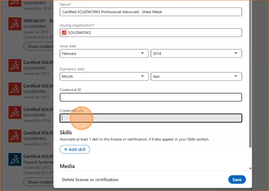 LinkedIn Credential Field Adding SOLIDWORKS Certifications