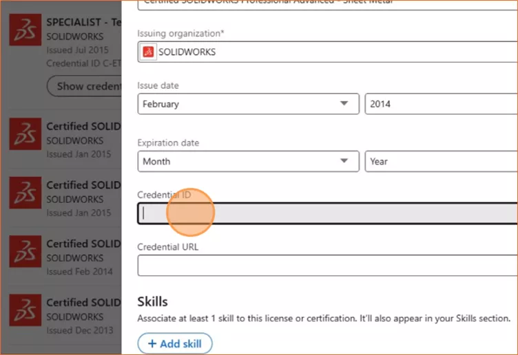 LinkedIn Credential ID Field for SOLIDWORKS Certification Badge 