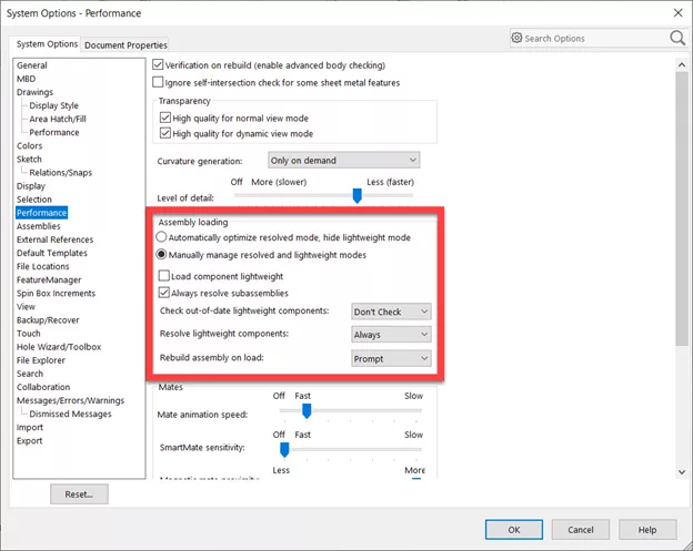 SOLIDWORKS Composer Option Manually Manage Resolved and Lightweight Modes
