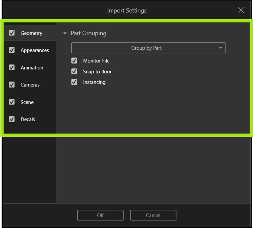 Import Settings SOLIDWORKS Visualize 2026