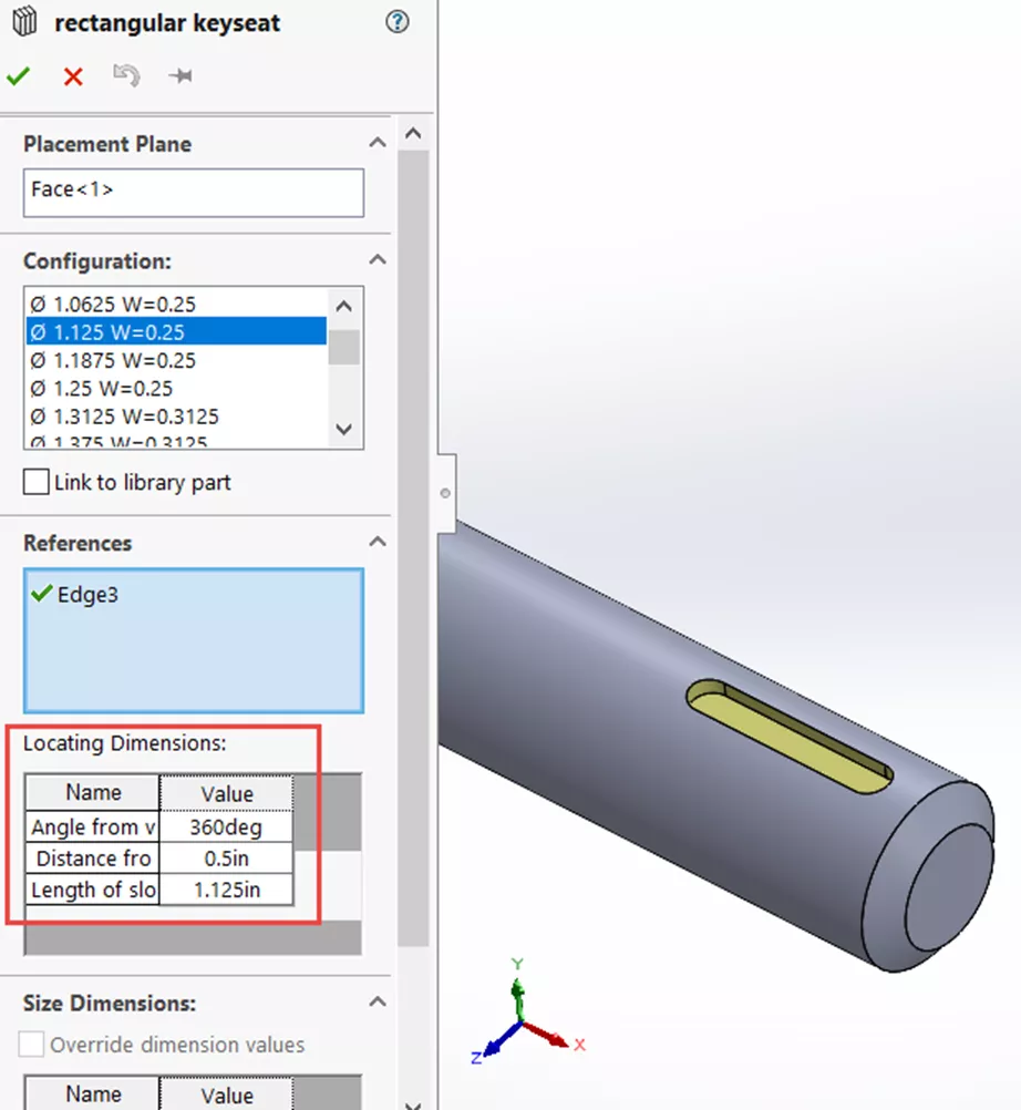 Locating Dimensions in the SOLIDWORKS Design Library