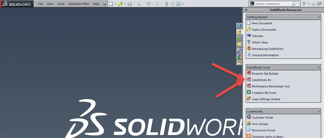 location of the SOLIDWORKS RX Tool