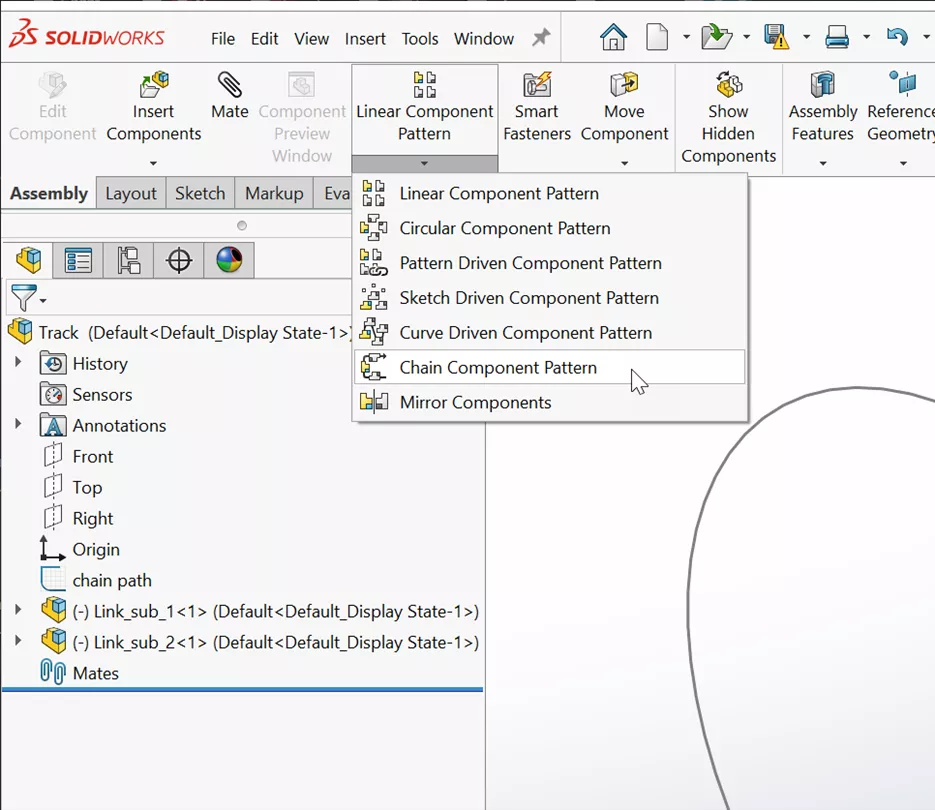Location of the Chain Component Pattern Tool in SOLIDWORKS 