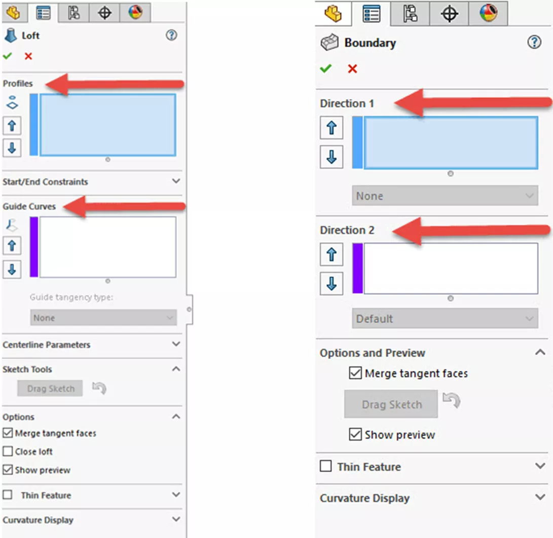 SOLIDWORKS Loft vs Boundary PropertyManager Comparison