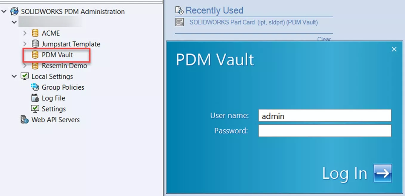 Log Into PDM Vault Administration Tool
