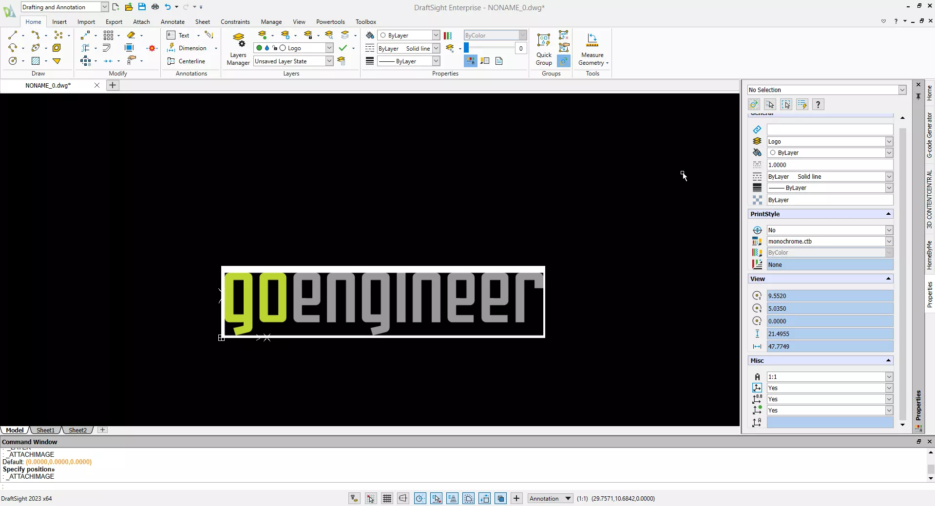 DraftSight screen after placing the GoEngineer logo at the origin.