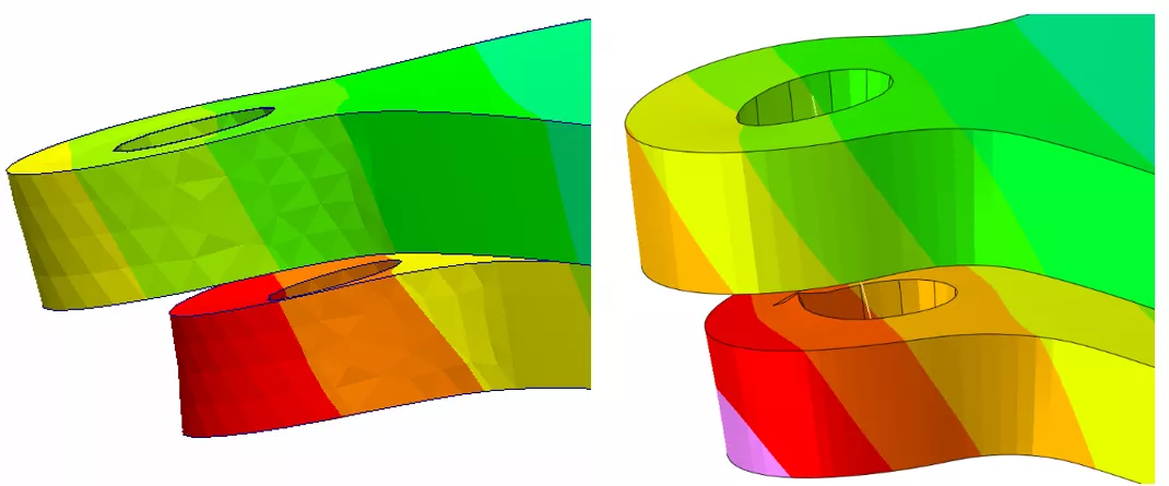 Low-Temperature Displacement results at 100x scale for SOLIDWORKS (left) and Abaqus (right)