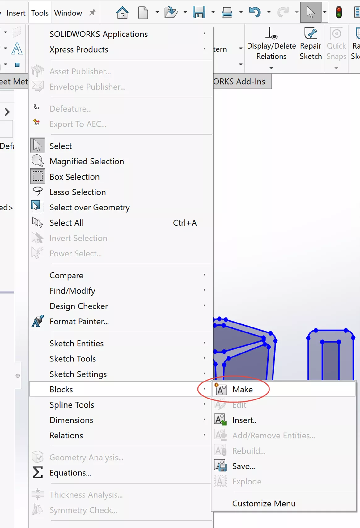 Where to Access the Make Blocks Option in SOLIDWORKS from Tools