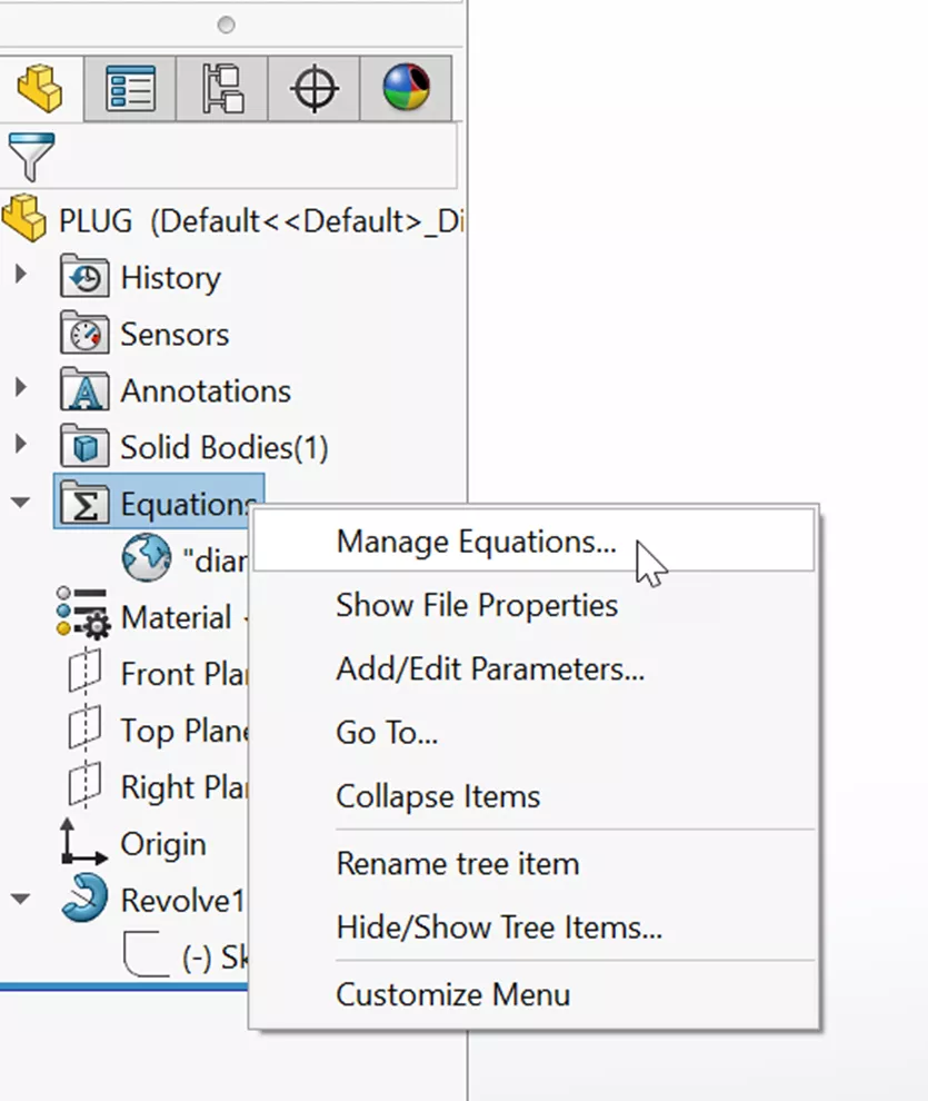 Manage Equations Option in SOLIDWORKS 