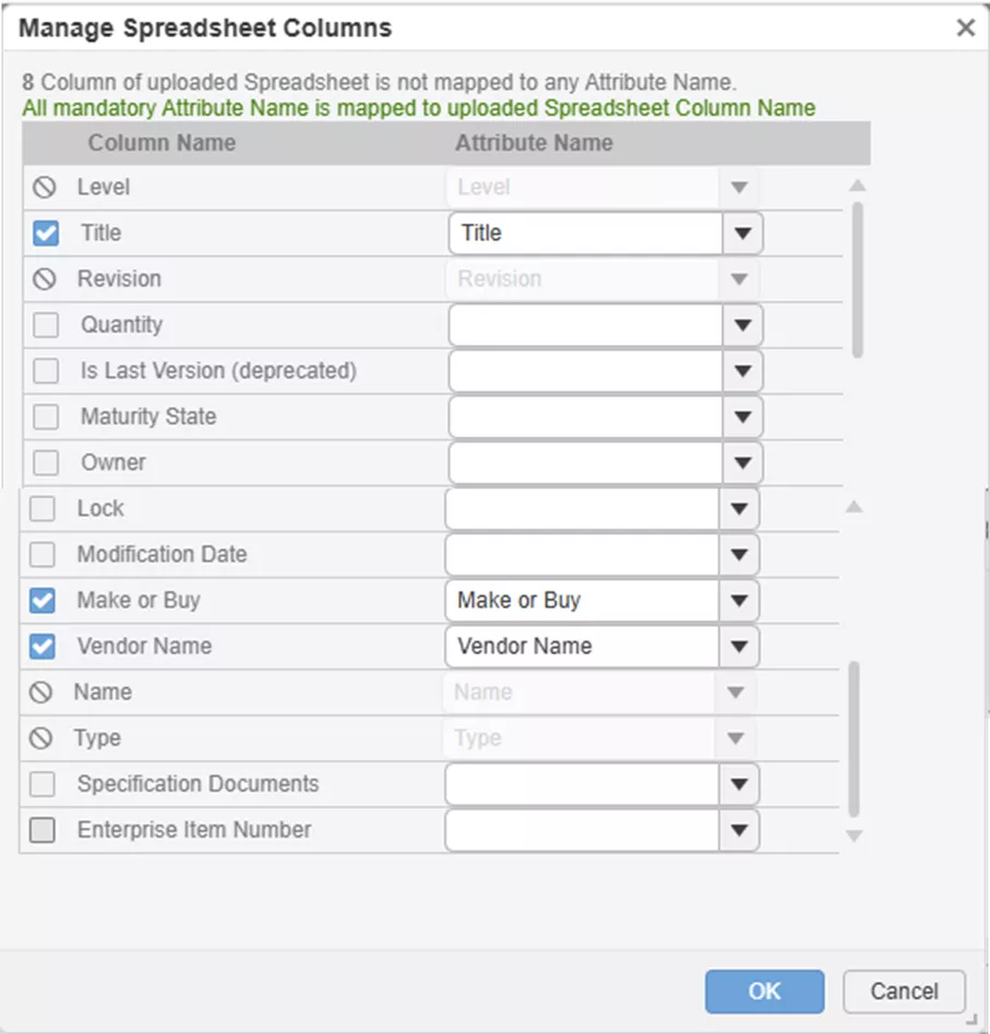 Manage Spreadsheet Columns Dialog 3DEXPERIENCE Engineering Release App 