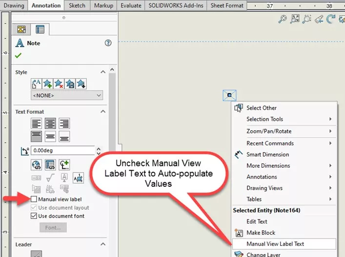 Manual View Label Text Option in SOLIDWORKS 