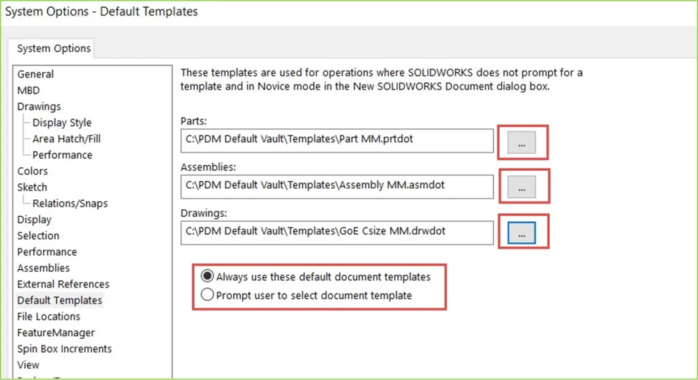 Map PDM Templates to SOLIDWORKS