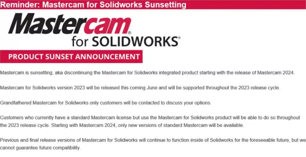 Mastercam for SOLIDWORKS Product Sunset Announcement