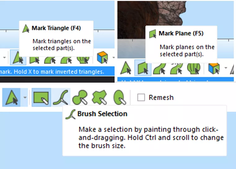 Materialise Magics Command Bar Options Mark Triangle, Mark Plane, and Brush Selection
