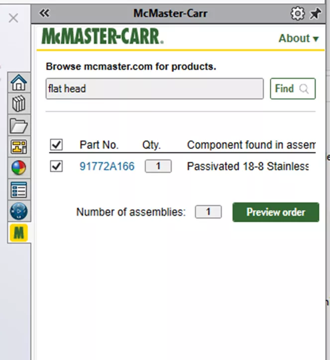Preview McMaster-Carr SOLIDWORKS Add-in Order