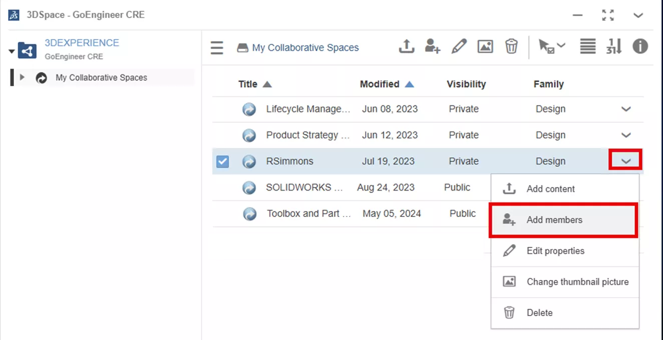 Add Member in 3DEXPERIENCE Collaborative Space Using Dropdown Menu