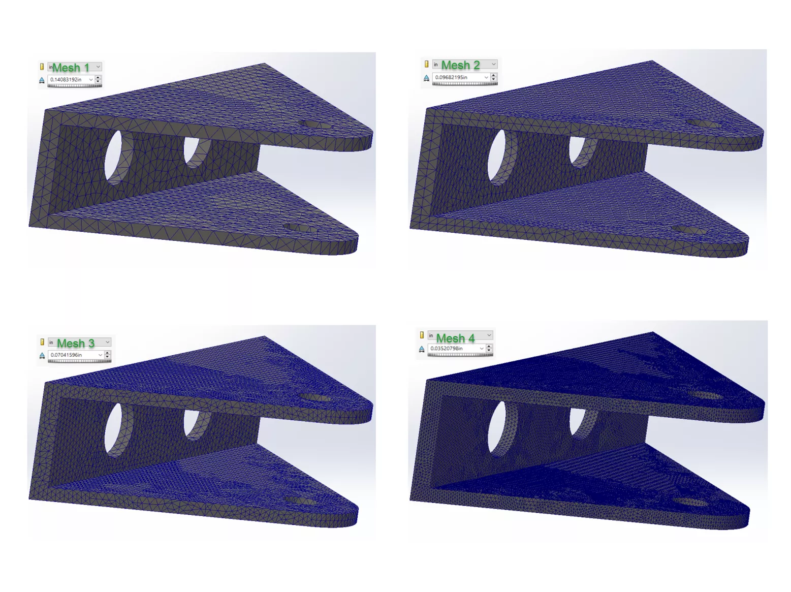 Different Mesh Densities in Four SOLIDWORKS Simulation Studies