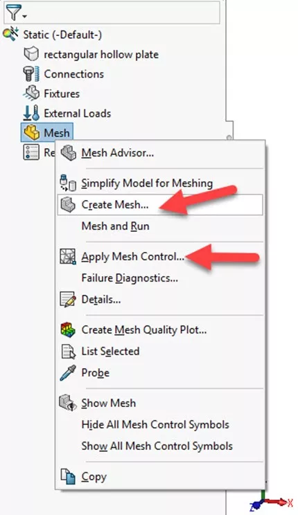 Step 4 in SOLIDWORKS Simulation Study Create Mesh
