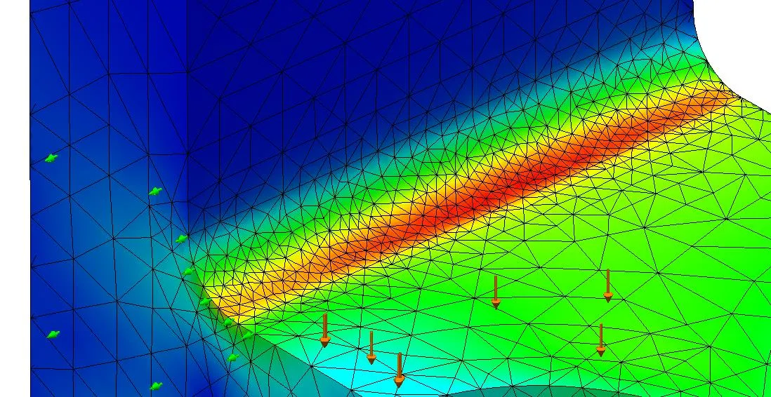Mesh Overlaid Stress Plot in SOLIDWORKS Simulation