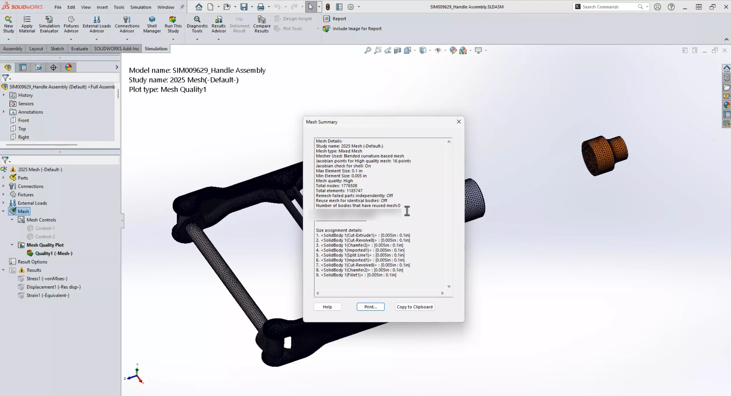 SOLIDWORKS Simulation 2025 Mesh Summary