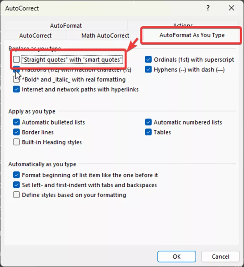 Straight Quotes with Smart Quotes Option in Microsoft