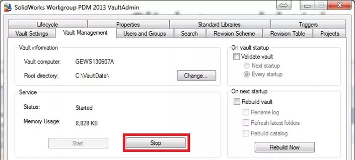 Set SOLIDWORKS Workgroup PDM Vault Service to Stop 