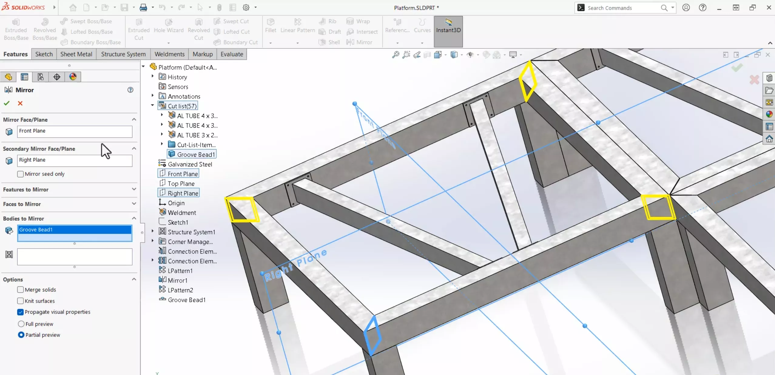 Mirror Bodies Simultaneously in SOLIDWORKS 2025 Weldments