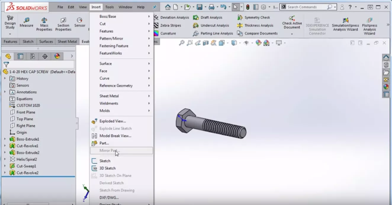 Mirror part is found under the insert menu in SOLIDWORKS.