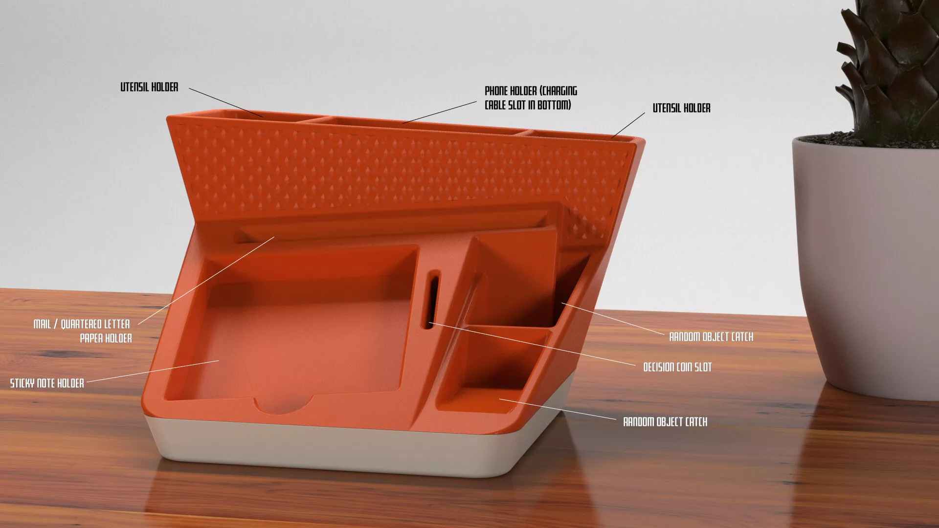GoEngineer Community 3D printing design content winner, Bring Back the Cool Desk Organizer render detail annotated view