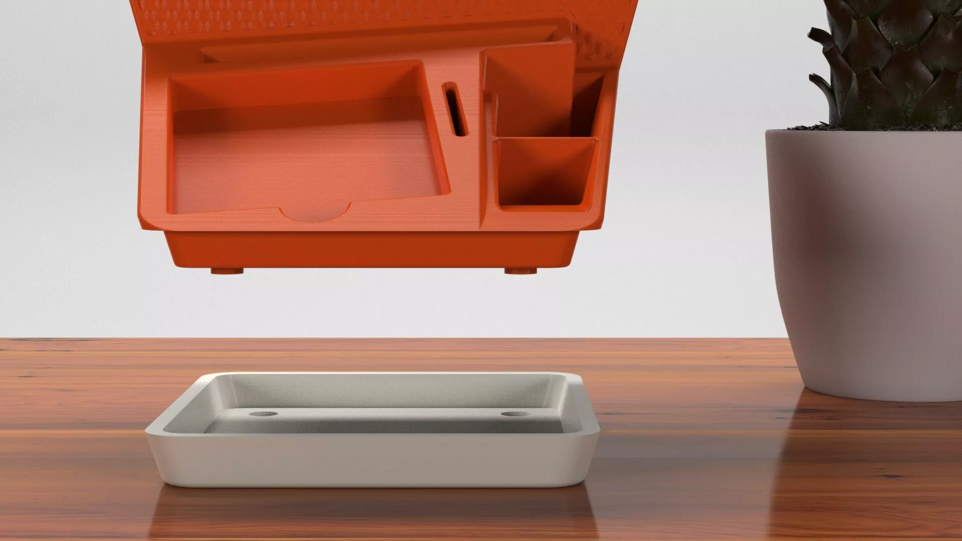 GoEngineer Community 3D printing design content winner, Bring Back the Cool Desk Organizer render two piece seperated view