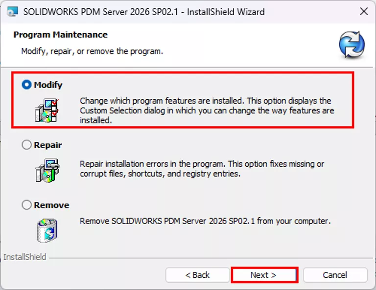 Modify Option in SOLIDWORKS PMD Install Wizard Program Maintenance