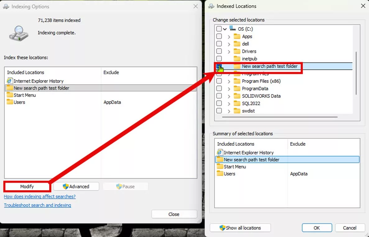 Modify SOLIDWORKS Search Path via Windows Indexing Options