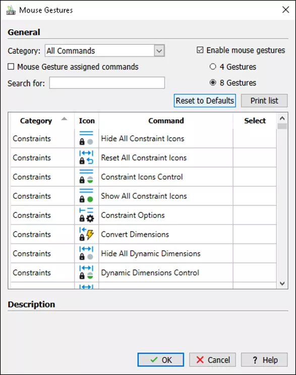 Mouse Gestures Dialog in DraftSight