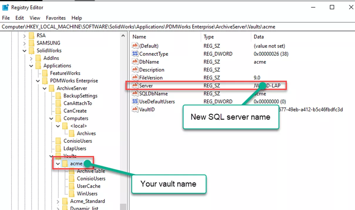 Update the SOLIDWORKS PDM Vaults on the Archive Server to the SQL Server Name