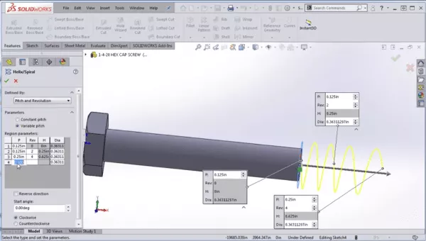 Creating a variable pitch helix in SOLIDWORKS.