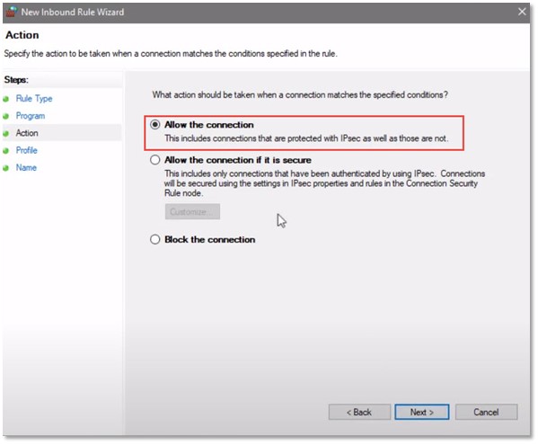 New Firewall Inbound Rule Wizard Action
