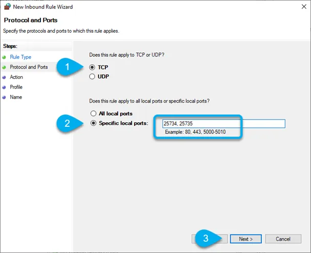 New Inbound Rule Wizard Protocol and Ports