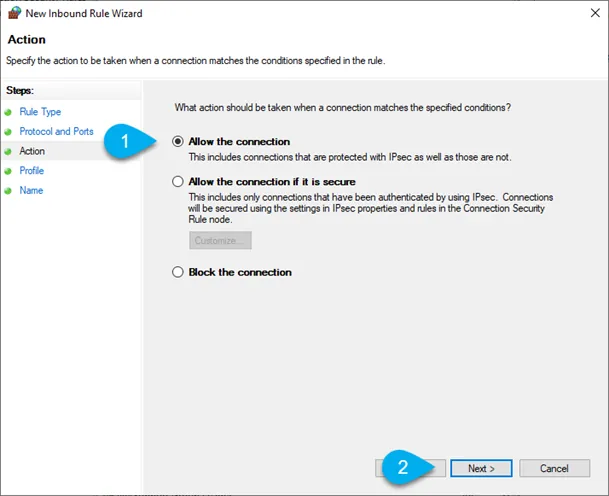 New Inbound Rule Wizard Rule Action 