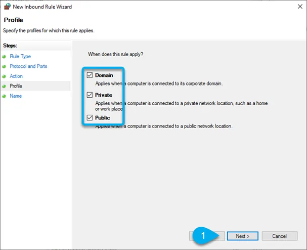 New Inbound Rule Wizard Rule Profile 