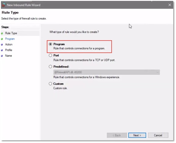 Firewall Inbound Rule Wizard Program